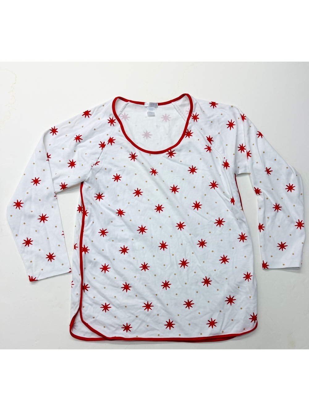 Lake Pima Cotton White Cotton Pajama Top With Red Star Print Size Small
